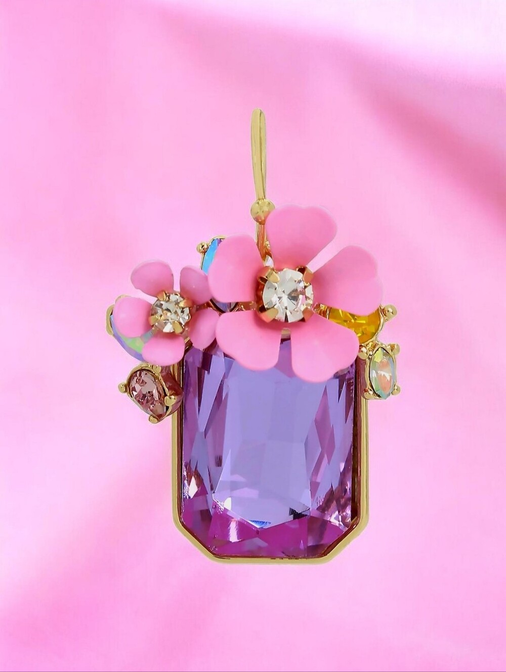 NEW Betsey Johnson Purple Pink Flower Cluster Iridescent Stone Drop Earrings NWT - Picture 2 of 4